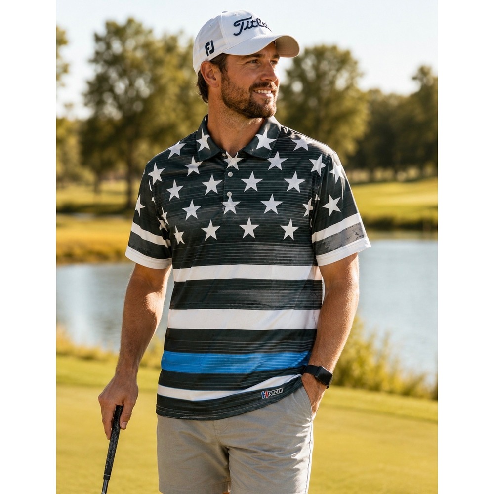 HIVICHI Mens Patriotic Golf Shirt Thin Blue Line American Flag Polo XL AOP-POLO